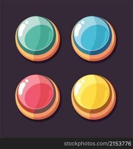 Round interface buttons. Cartoon color button, user app gaming development elements. Game design, shine glossy vector icons set. Illustration interface button for game. Round interface buttons. Cartoon color button, user app gaming development elements. Game design, shine glossy vector icons set