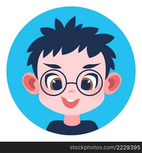 Round kid avatar. Funny boy in glasses portrait isolated on white background. Round kid avatar. Funny boy in glasses portrait