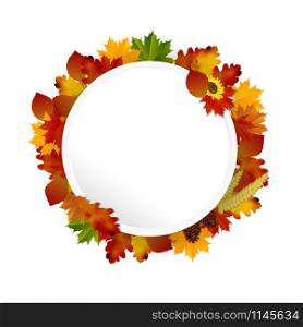 Round label with various autumn leaves.Vector