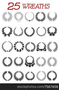 Round laurel wreath icons set isolated on white. Suitable for design, such as award, heraldry, jubilee and anniversaries