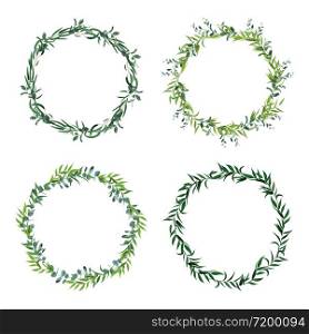 Round leaf borders. Circle green leaves wreath, floral frames, decorative circle invitation. Floral decorations isolated vector icons set. Green leaf frame, border wreath greenery illustration. Round leaf borders. Circle green leaves wreath, floral frames, decorative circle invitation. Floral decorations isolated vector icons set
