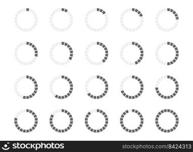 Round loading bar with filled from 1 to 20 segments. Progress, waiting or loading symbols set. Infographic animation elements for website interface. Vector flat illustration.. Round loading bar with filled from 1 to 20 segments. Progress, waiting or loading symbols set. Infographic animation elements for website interface