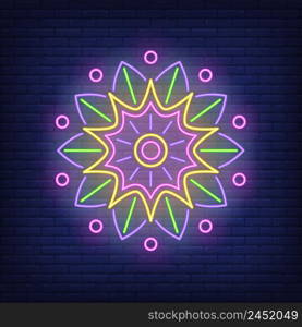 Round mandala ornament neon sign. Yoga and meditation concept design. Night bright neon sign, colorful billboard, light banner. Vector illustration in neon style.