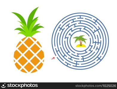 Round maze with a cartoon character. Appetizing pineapple. An interesting and developing game for children. Simple flat isolated vector illustration. Round maze with a cartoon character. Appetizing pineapple. An interesting and developing game for children. Simple flat isolated vector illustration.
