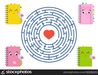 Round maze with cartoon characters. Lovely school textbooks. An interesting and developing game for children. Simple flat isolated vector illustration.. Round maze with cartoon characters. Lovely school textbooks. An interesting and developing game for children. Simple flat isolated vector illustration