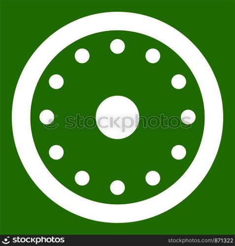 Round military shield icon white isolated on green background. Vector illustration. Round military shield icon green