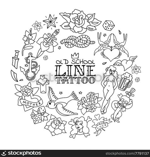 Round monochrome design concept with outlines of tattoo icons in old school style hand drawn vector illustration  . Old School Tattoo Outlines