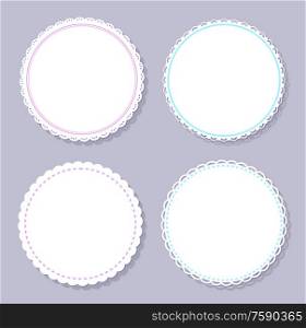 Round napkins with various edges isolated on grey background. Vector mockup of banner with spare place for text, circled border mockups, flat design templates. Round Napkins with Various Edges Isolated on Grey