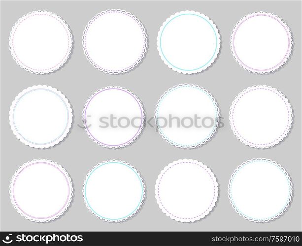 Round napkins with various edges isolated on grey background. Vector mockup of banner with spare place for text, circled border mockups, flat design templates. Round Napkins with Various Edges Isolated on Grey
