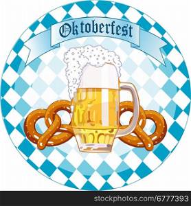 Round Oktoberfest Celebration design with beer and pretzel