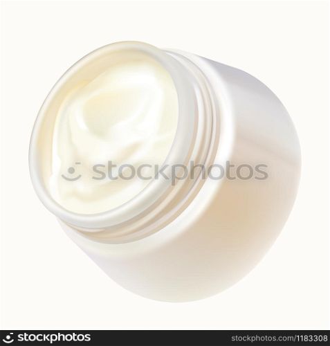 Round open jar with cosmetic cream realistic vector illustration. Packaging design for cosmetics, face or eyes cream or mask, body lotion isolated on white background. Concept poster for organic natural cream