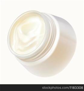 Round open jar with cosmetic cream realistic vector illustration. Packaging design for cosmetics, face or eyes cream or mask, body lotion isolated on white background. Concept poster for organic natural cream