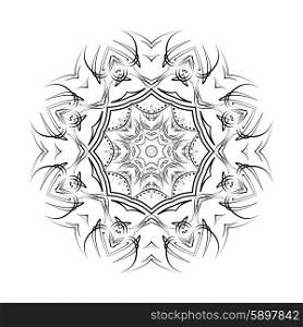 Round ornamental floral vector shape, black pattern isolated on white.