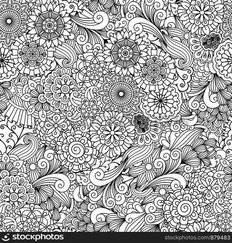 Round ornamental flower and decorative leaves adult coloring pattern. Black and white vector background. Round ornamental flower and leaves pattern