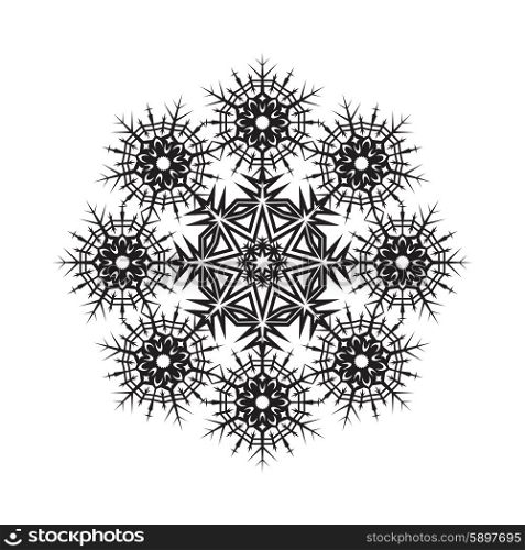Round ornamental vector shape, black pattern of snowflake isolated on white.