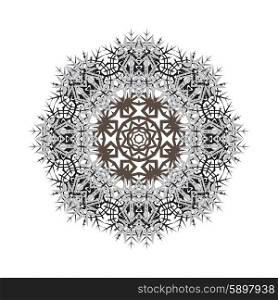 Round ornamental vector shape, pattern of snowflake isolated on white.