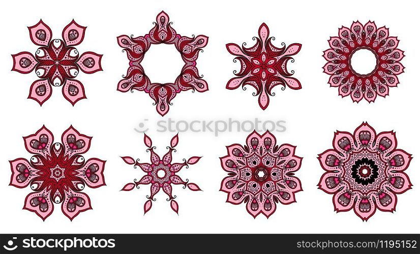 Round ornaments vector design with floral paisley pattern. Pink and red mandala circles with Indian ethnic lace flowers and Arabic geometric motif with curls, dots and petals, ottoman mosaic themes. Paisley round ornaments or mandala floral pattern