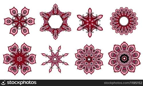 Round ornaments vector design with floral paisley pattern. Pink and red mandala circles with Indian ethnic lace flowers and Arabic geometric motif with curls, dots and petals, ottoman mosaic themes. Paisley round ornaments or mandala floral pattern