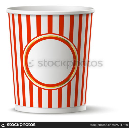 Round paper bucket. Striped disposable snack package mockup isolated on white background. Round popcorn bucket. Striped disposable snack package mockup