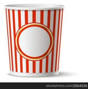 Round paper bucket. Striped disposable snack package mockup isolated on white background. Round popcorn bucket. Striped disposable snack package mockup
