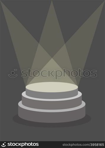 Round Pedestal on a dark background, illuminated by floodlights. Platform for winner. Place template for item. Vector illustration does not contain transparency and overlay.