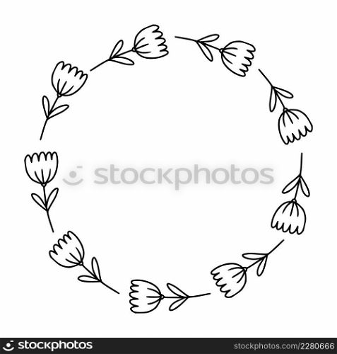 Round photo frame with flowers in doodle style.