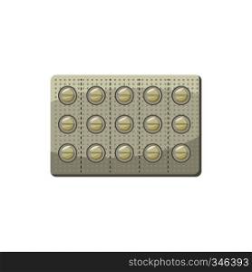 Round pills in a blister pack icon in cartoon style on a white background. Round pills in a blister pack icon, cartoon style