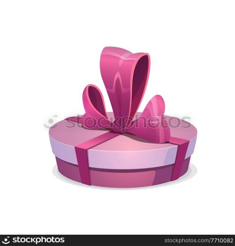 Round pink gift box with bow, vector present wrapped with sumptuous ribbon. Cartoon giftbox for festive event Christmas, Valentine Day, Birthday or New Year celebration isolated on white background. Round pink gift box with bow, vector present