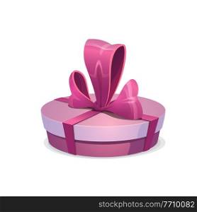 Round pink gift box with bow, vector present wrapped with sumptuous ribbon. Cartoon giftbox for festive event Christmas, Valentine Day, Birthday or New Year celebration isolated on white background. Round pink gift box with bow, vector present
