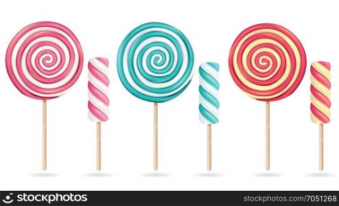 Round Pink Lollipop Set Vector. Cream Marshmallow On Stick. Sweet Realistic Candy Spiral Isolated Illustration. Round Pink Lollipop Set Vector. Cream Marshmallow On Stick. Sweet Realistic Candy Spiral Isolated