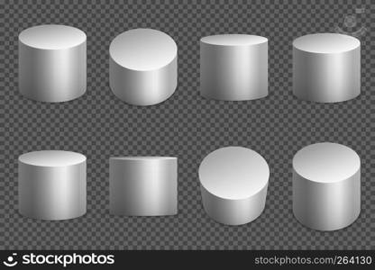 Round podium 3d bases. White cylinder solid pedestal. Pillar circular foundation isolated vector set. Round podium 3d bases. White cylinder solid pedestal. Pillar circular foundation isolated vector