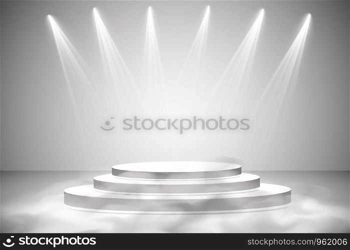 Round podium, pedestal or platform illuminated by spotlights on grey background. Stage with scenic lights. Vector illustration. Smoke and fog.. Round podium, pedestal or platform illuminated by spotlights on grey background. Stage with scenic lights. Vector illustration. Smoke and fog