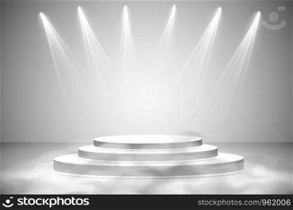 Round podium, pedestal or platform illuminated by spotlights on grey background. Stage with scenic lights. Vector illustration. Smoke and fog.. Round podium, pedestal or platform illuminated by spotlights on grey background. Stage with scenic lights. Vector illustration. Smoke and fog