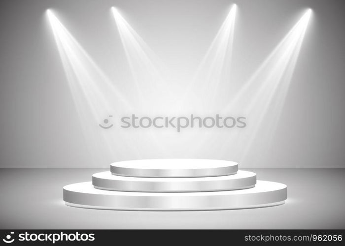 Round podium, pedestal or platform illuminated by spotlights on grey background. Stage with scenic lights. Vector illustration. Round podium, pedestal or platform illuminated by spotlights on grey background. Stage with scenic lights. Vector illustration.