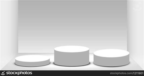 Round podium, pedestal or platform illuminated by spotlights on white background. Platform for design. Realistic 3D empty podium. Stage with scenic lights.. Round podium, pedestal or platform illuminated by spotlights on white background. Platform for design. Realistic 3D empty podium. Stage with scenic lights