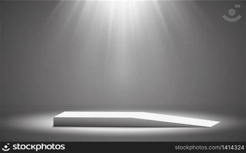 Round podium, pedestal or platform illuminated by spotlights on white background. Platform for design. Realistic 3D empty podium. Stage with scenic lights.. Round podium, pedestal or platform illuminated by spotlights on white background. Platform for design. Realistic 3D empty podium. Stage with scenic lights