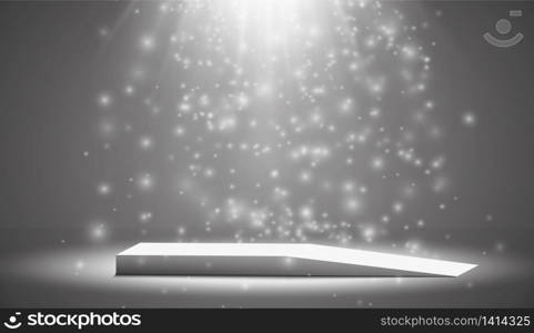 Round podium, pedestal or platform illuminated by spotlights on white background. Platform for design. Realistic 3D empty podium. Stage with scenic lights.. Round podium, pedestal or platform illuminated by spotlights on white background. Platform for design. Realistic 3D empty podium. Stage with scenic lights