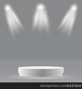 Round podium, pedestal or platform illuminated by spotlights on white background. Stage with scenic lights. Vector illustration.