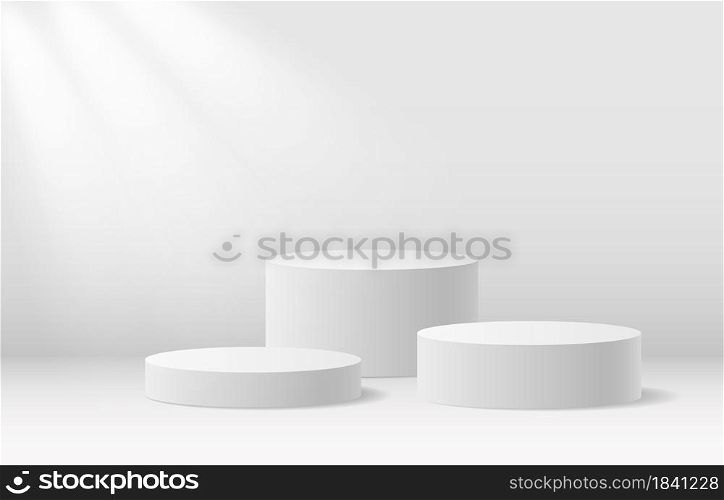 Round podium stand, 3d products display mockup background. Realistic minimal product scene with platform, winner pedestal vector illustration. Three stage places for award ceremony in competition. Round podium stand, 3d products display mockup background. Realistic minimal product scene with platform, winner pedestal vector illustration
