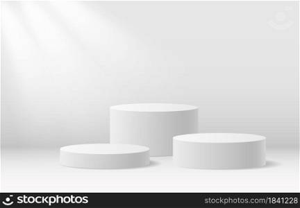 Round podium stand, 3d products display mockup background. Realistic minimal product scene with platform, winner pedestal vector illustration. Three stage places for award ceremony in competition. Round podium stand, 3d products display mockup background. Realistic minimal product scene with platform, winner pedestal vector illustration