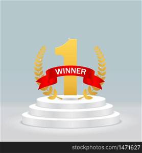 Round podium with 1 for winner. Realistic pedestal with gold one trophy, olive branch, red ribbon for congratulation. First winner competition on scene on isolated background. Vector illustration. Round podium with 1 for winner. Realistic pedestal with gold one trophy, olive branch, red ribbon for congratulation. First winner competition on scene on isolated background. Vector