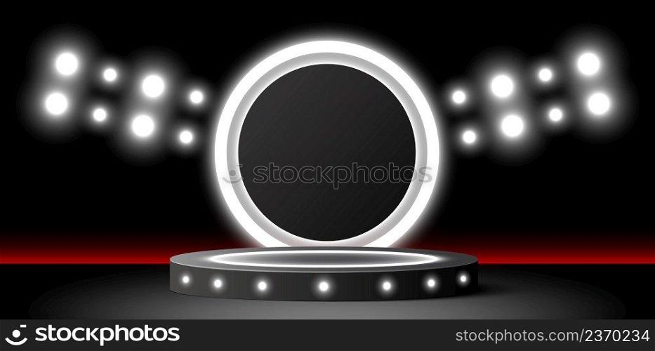 Round podium with spotlight on black background 3d vector illustration