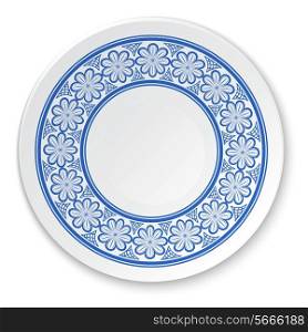 Round porcelain plate on a painting of a blue flowers on a white background. Vector illustration