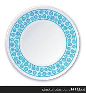 Round porcelain plate on a painting of a blue snowflakes on a white background. Vector illustration