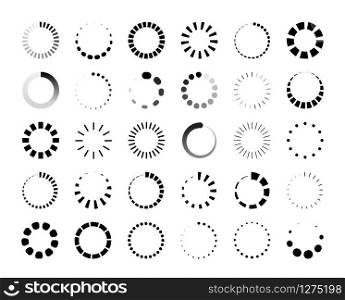 Round progress bar. Circle loader and countdown icon for web and application ui, round infographic element. Vector wait data progressions download indicator set. Round progress bar. Circle loader and countdown icon for web and application ui, round infographic element. Vector wait indicator set