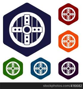 Round protective shield icons set rhombus in different colors isolated on white background. Round protective shield icons set