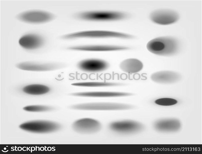 Round realistic shadows. Realistic circular gradient shadow overlay, top light oval shade effect collection on transparent background. Vector set isolated objects spheres. Round realistic shadows. Realistic circular gradient shadow overlay, top light oval shade effect collection on transparent background. Vector set