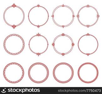 Round red Asian frames and borders, Japanese, Korean and Chinese patterns, vector. Oriental asian circle line pattern ornaments and embellishments of isolated round border frame. Round red asian frames, borders, oriental patterns