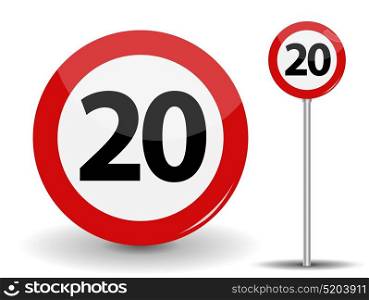 Round Red Road Sign Speed limit 20 kilometers per hour. Vector Illustration. EPS10. Round Red Road Sign Speed limit 20 kilometers per hour. Vector Illustration.