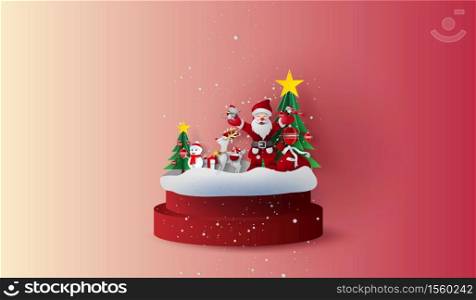 Round red stage podium with landscape Christmas trees in forest.Happy new year and Merry Christmas day.paper art and craft. Santa Claus and Gift decoration for holiday and winter season. Snowing stand